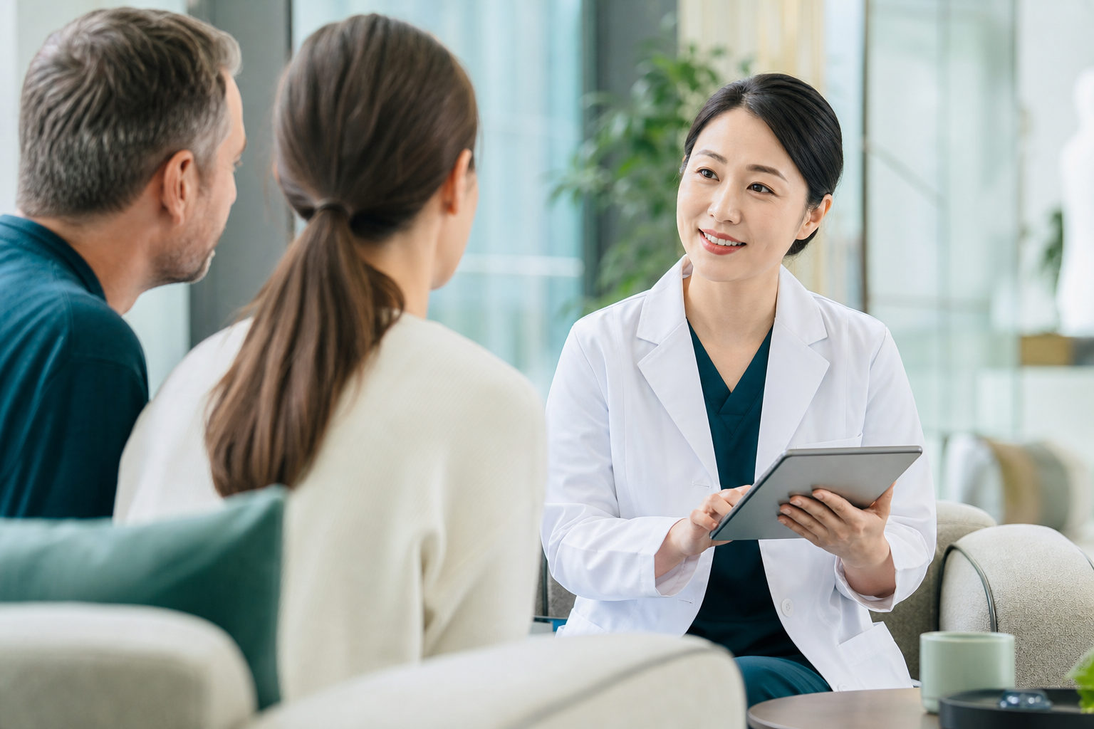 An Asian doctor discussing care with an international patient and family member